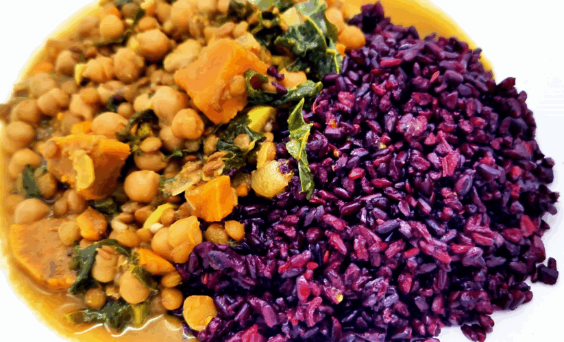 sweet potato lentil and chickpea curry with kale and black rice.